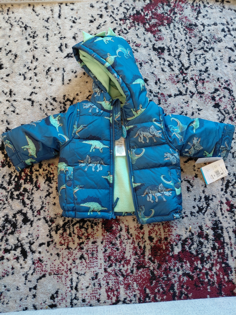 Carter's Kids Blue Dinosaur Puffer Jacket with Hood
